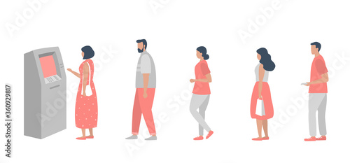 Queue to the ATM. People are waiting in line to withdraw money from an ATM. Vector illustration in flat style.