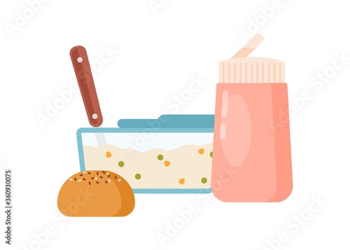Lunch box with tasty porridge and bun vector flat illustration. Colorful container and bottle with childish breakfast isolated on white. Homemade meal and drink for kids healthy nutrition