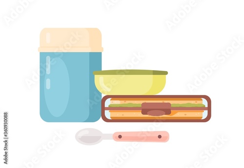 Colorful lunch boxes with tasty fresh food vector flat illustration. Containers and vacuum flask for children s breakfast or brunch isolated on white. Appetizing sandwich in transparent plastic pack photo