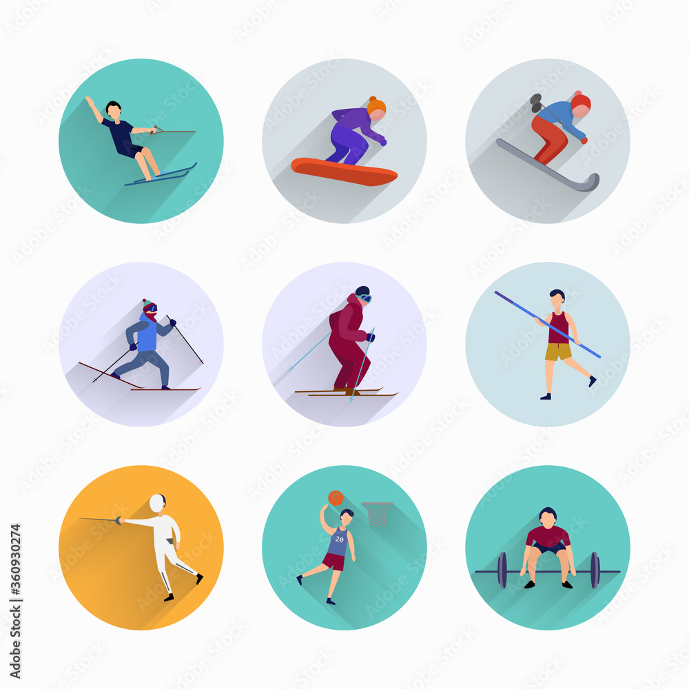 sports man, with basketball player, pole vault, ski man, water skiing flat icon set with long shadow sports man, with basketball player, pole vault, ski man, water skiing flat icon set with long shadow