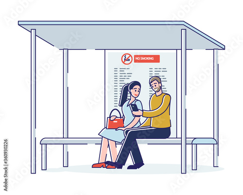 People waiting bus at bus stop. City community transport commuters concept
