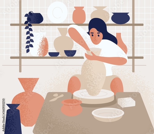 Focused woman making pot on potter's wheel vector flat illustration. Ceramist female at pottery workshop or courses. Girl create earthenware, crockery and other ceramics. Artist during handicraft