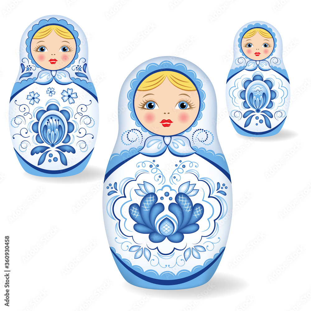 Russian wooden nesting dolls. Babushka or Matryoshka. Decorated with Gzhel, Russian traditional painted floral pattern. Folk arts and crafts.