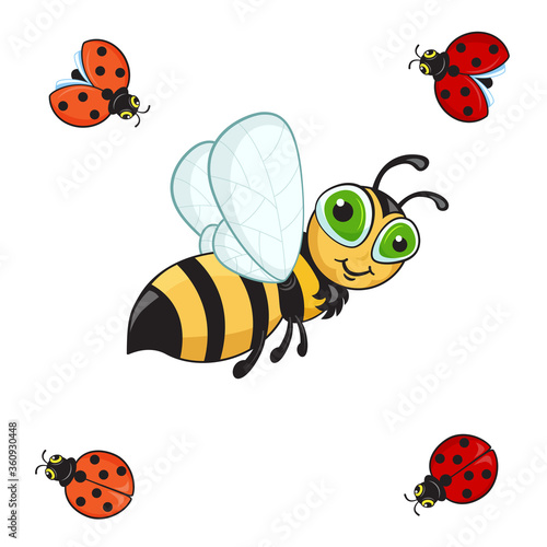 Vector illustration of the bee and ladybugs. No background. 