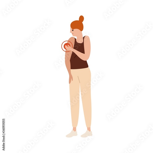 Unhappy woman having arm pain vector flat illustration. Young female suffer from ache in elbow or shoulder isolated on white. Sad girl holding hand feeling hurt with injury or damage