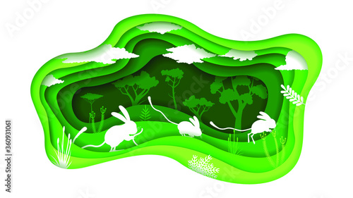 Eco Green Paper Cut Background Vector Nature Animal Clouds With jerboa