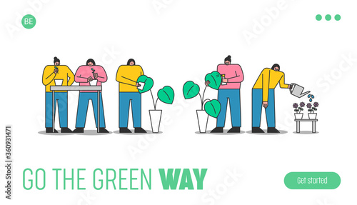 Florist website landing page with women caring of houseplants, watering and replanting pots