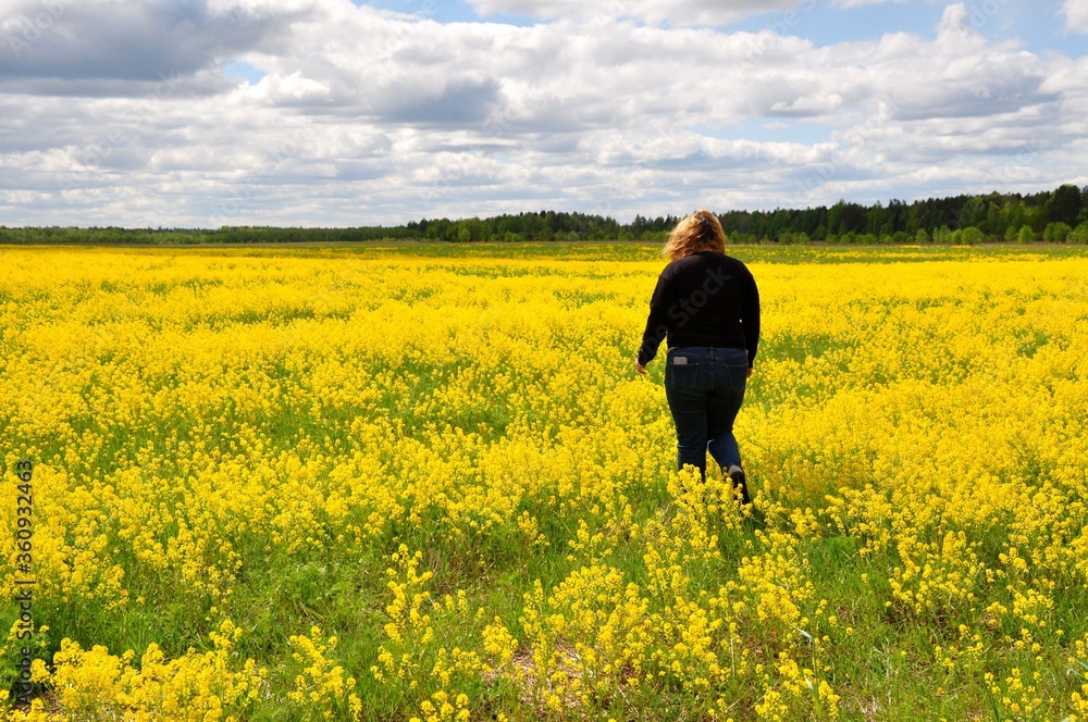 Young woman girl in black clothes in the field full of yellow flowers Young woman girl in black clothes in the field full of yellow flowers