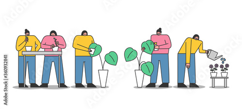 Women taking care of houseplants - replanting and watering flowers. Indoor gardening hobby concept