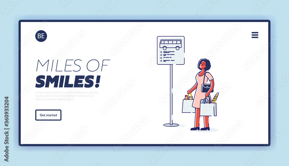 Woman waiting for bus. Template landing page. Female passenger standing at sign with bus timetable Woman waiting for bus. Template landing page. Female passenger standing at sign with bus timetable
