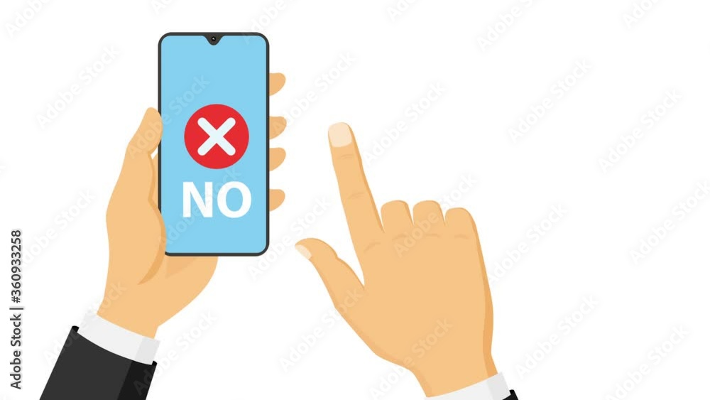 Hand clicking red X cross button on flat smartphone screen. Symbolizing wrong. Business concepts animation. Hand clicking red X cross button on flat smartphone screen. Symbolizing wrong. Business concepts animation.