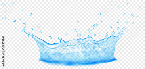 Translucent water crown with drops. Splash in light blue colors, isolated on transparent backdrop. Transparency only in vector file