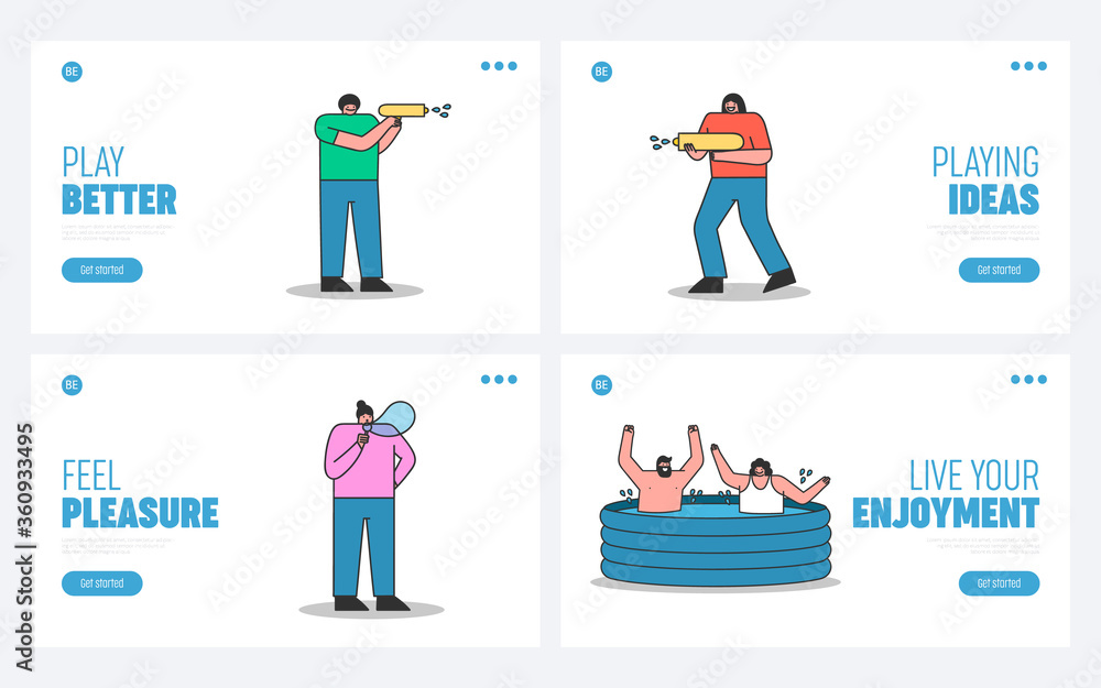 Set of landing pages with people having fun and enjoy summer water activities for refreshment Set of landing pages with people having fun and enjoy summer water activities for refreshment
