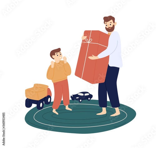 Bearded father hold big gift box for cute son vector flat illustration. Male parent give holiday present to joyful kid isolated on white background. Smiling dad making surprise to happy child boy