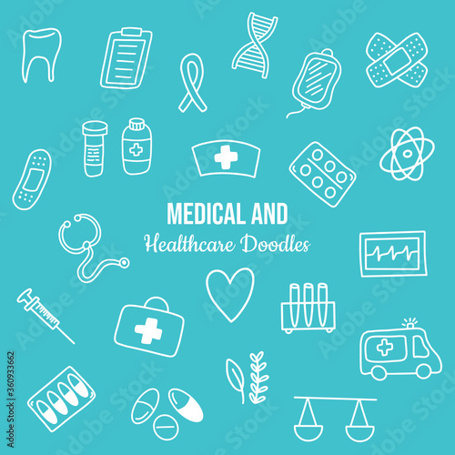 Set of Hand drawn Medical and Healthcare doodles. Hand sketched medicine icons. Vector illustration.