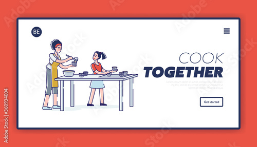 Website landing page with mother and daughter cooking together. Cooking and relationship concept