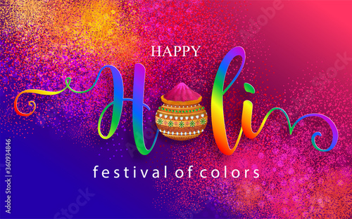 Colorful gulaal (powder color) indian festival for Happy Holi card with gold patterned and crystals on paper color Background.