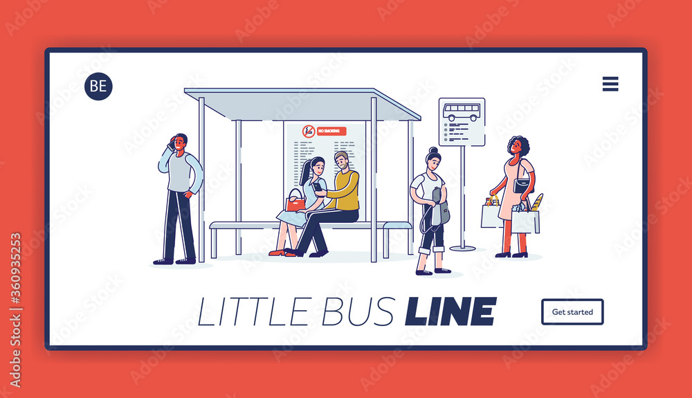 Landing page with group of people on bus station. Diverse cartoon characters waiting for bus Landing page with group of people on bus station. Diverse cartoon characters waiting for bus