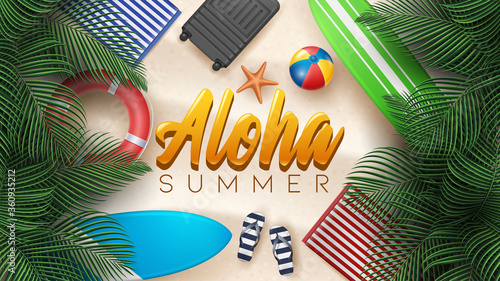 Vector Summer Holiday Illustration with Beach Ball, Palm Leaves, Surf Board and Typography Letter on Beach Sands Background.