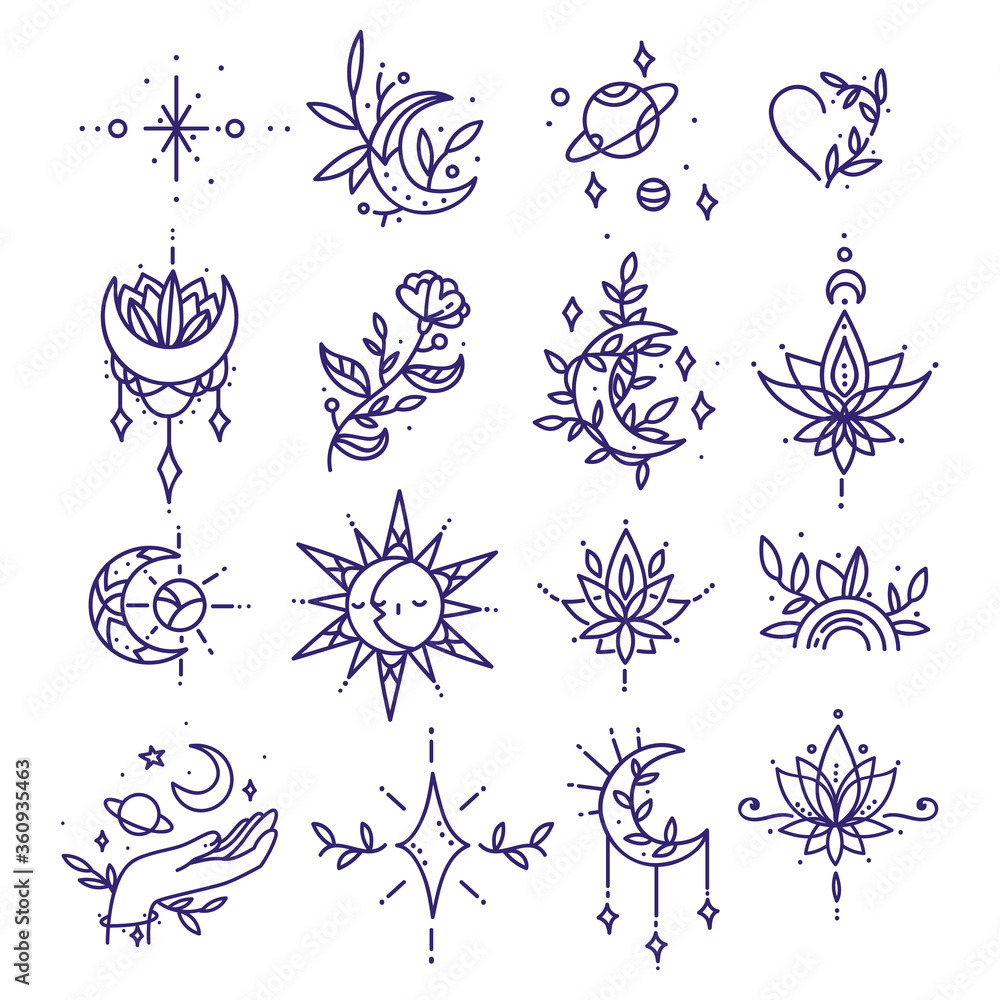 ideologi stor tit Set of tattoo in minimalism. Thin line shapes collection of space and nature  symbols. Modern vector Stock Vector | Adobe Stock
