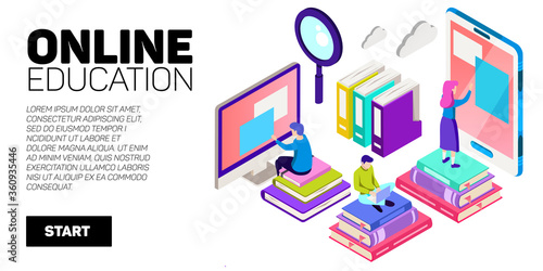 Isometric vector banner. Online education, learning, distant courses. School, college, unversity.