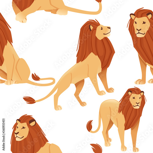 Seamless pattern of male proud powerful cute lion character cartoon style animal design flat vector illustration on white background