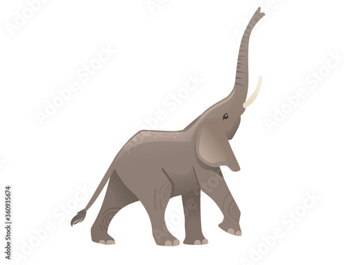 Cute adult elephant on the walk with trunk up cartoon animal design flat vector illustration isolated on white background