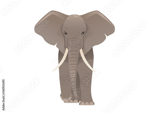 Cute adult elephant stand on ground and look at you cartoon animal design flat vector illustration isolated on white background