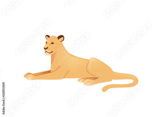 Adult lioness lying on the ground african wild predatory cat female lion cartoon cute animal design flat vector illustration isolated on white background