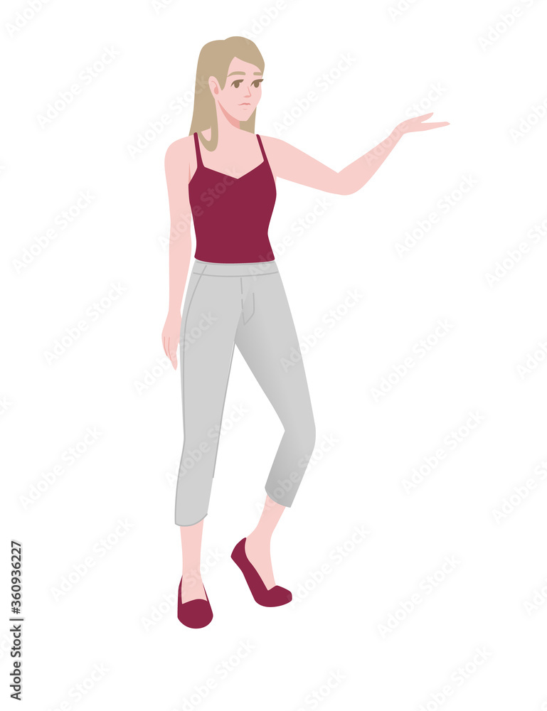 Cute young girl in standing pose wearing casual clothes cartoon character fashion female model design flat vector illustration isolated on white background Cute young girl in standing pose wearing casual clothes cartoon character fashion female model design flat vector illustration isolated on white background