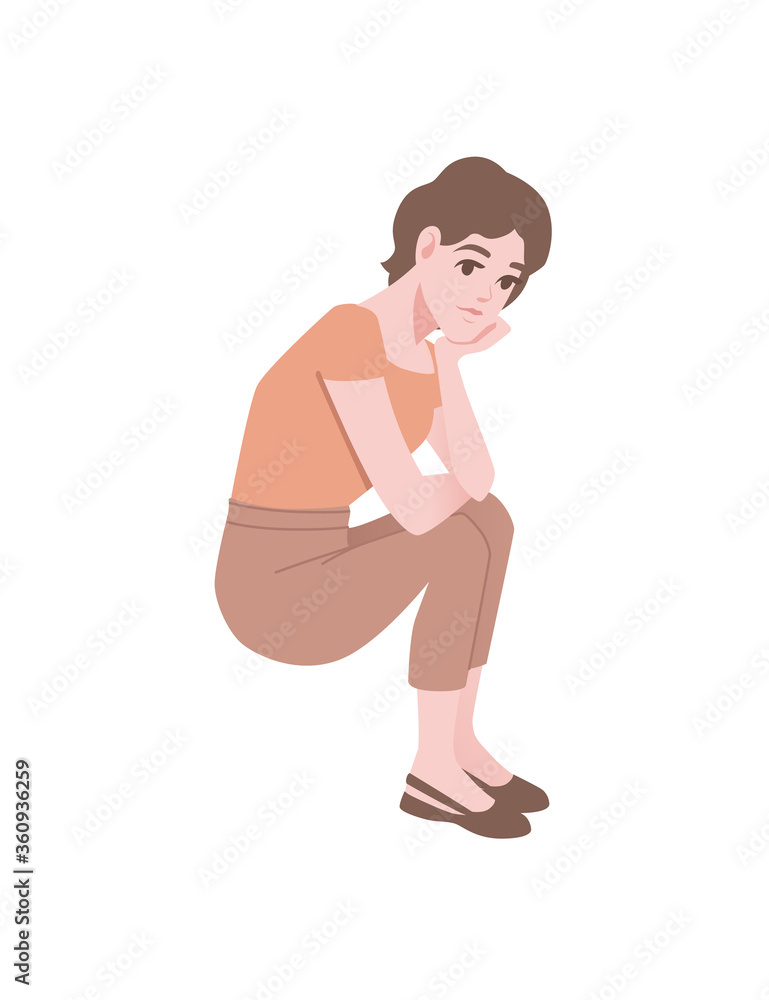 Cute young girl in sitting pose wearing casual clothes cartoon character fashion female model design flat vector illustration isolated on white background Cute young girl in sitting pose wearing casual clothes cartoon character fashion female model design flat vector illustration isolated on white background