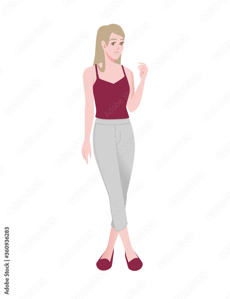 Cute young girl in standing pose wearing casual clothes cartoon character fashion female model design flat vector illustration isolated on white background Cute young girl in standing pose wearing casual clothes cartoon character fashion female model design flat vector illustration isolated on white background