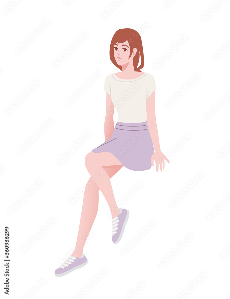 Cute young girl in sitting pose wearing casual clothes cartoon character fashion female model design flat vector illustration isolated on white background Cute young girl in sitting pose wearing casual clothes cartoon character fashion female model design flat vector illustration isolated on white background