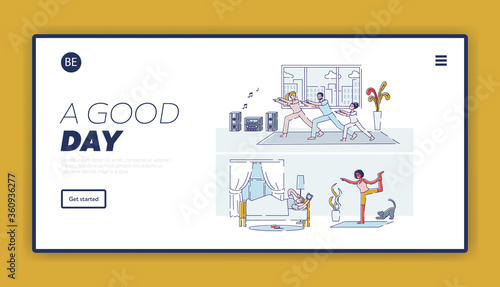 New day beginning landing page with different people at home, waking up, doing yoga, exercising