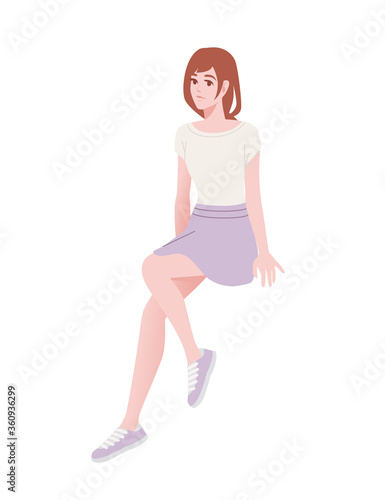 Cute young girl in sitting pose wearing casual clothes cartoon character fashion female model design flat vector illustration isolated on white background