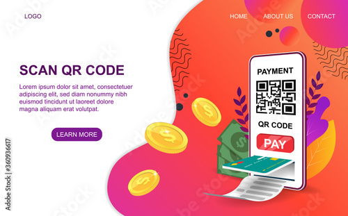 Diverse payment methods - Scan or Code with a mobile phone with payment slot for a credit card and a QR code with loose gold coins, colored vector illustration
