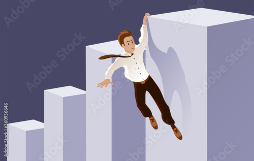 Businessman runs the risk of falling off the career ladder. Hanging on the edge. The symbolic concept of the financial crisis. Vector illustration banner.