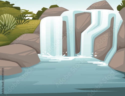 Landscape of countryside waterfall on rocks cartoon design flat vector illustration