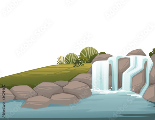 Landscape of countryside waterfall on rocks cartoon design flat vector illustration