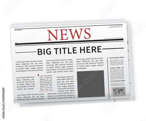 Newspaper with print and copyspace for title with blank square for a photo below over a white background with dimensional shadow, colored vector illustration