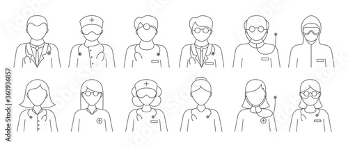 Large set of 12 black and white line drawn doctor icons showing assorted uniforms, scrubs, with and without masks and stethoscopes, vector illustration