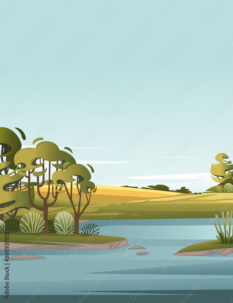 Landscape of countryside lake with green grass and trees cartoon design flat vector illustration with clear sky and hills on background vertical design
