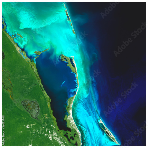 Fototapeta Naklejka Na Ścianę i Meble -  Aerial view city Cancun image satellite, its beaches, water and vegetation, Quintana Roo, Mexico. A beautiful shade of turquoise blue is appreciated. Generated from Sentinel images.