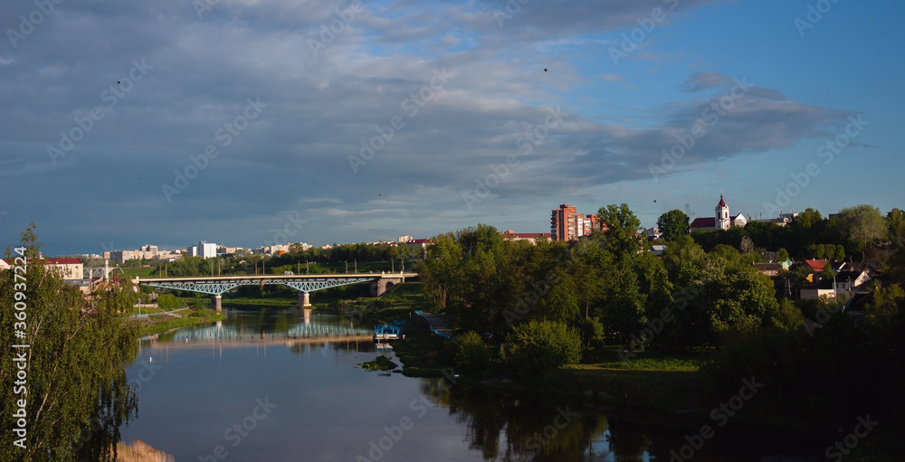 Sights and views of Grodno. Belarus. View of the Neman river, bridge, Catholic church, town houses.