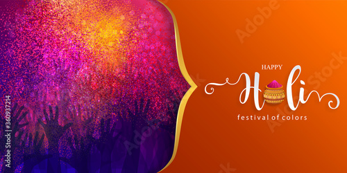 Colorful gulaal (powder color) indian festival for Happy Holi card with gold patterned and crystals on paper color Background.
