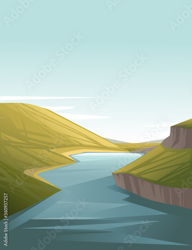 Landscape of countryside big river between the hills with green grass cartoon design flat vector illustration with clear sky and hills on background vertical design