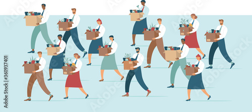 Crowd of Fired sad people carrying a boxes with office belongings. Crisis, dismissal, unemployment, jobless and employee job reduction due to corona crisis concept