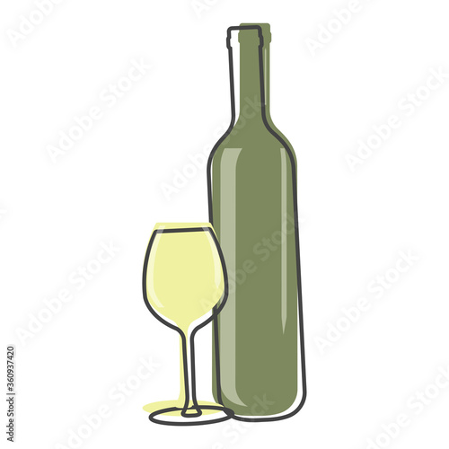 Vector icon of a glass and bottle. Dark bottle and glass goblet symbol cartoon style on white isolated background.