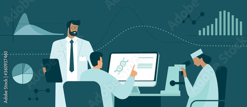Coronavirus COVID-19 research illustration set. Scientists in a laboratory. Doctors characters. Medical team. Genetic Engineering, Health and medicine. Flat vector