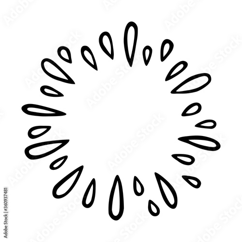 Vector freehand illustration of blots, rays, drops. Abstract, hand drawn element, round frame, isolated on white background.
